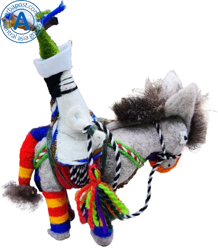 Zhibek Zholy donkey with human made of felt, grey with red-orange-blue stripes Zhibek Zholy donkey with human made of felt, grey with red-orange-blue stripes