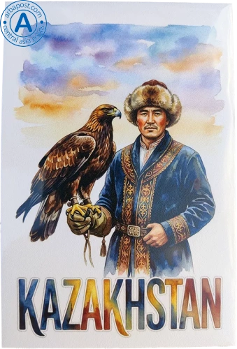 Zhanyl postcard, Kazakhstan, man and eagle Zhanyl postcard, Kazakhstan, man and eagle