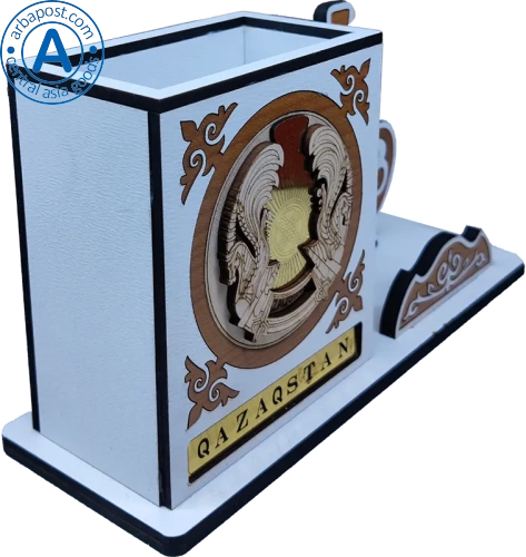 Altyn Adam figure made of wood, coat of arms and flask, white photo 4