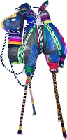 Zhibek Zholy camel with human made of felt, blue with violet-black-orange stripes