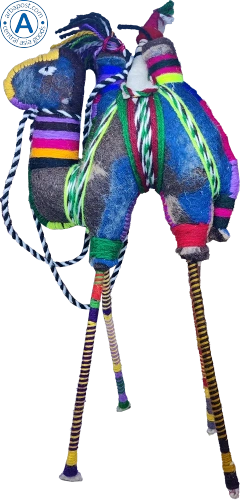 Zhibek Zholy camel with human made of felt, blue with violet-black-orange stripes
