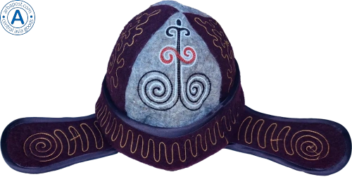 Altyn Adam cap made of felt, brown with black-red koshkar muyiz pattern