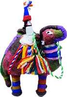 Zhibek Zholy camel with human made of felt, green-red with yellow-blue stripes