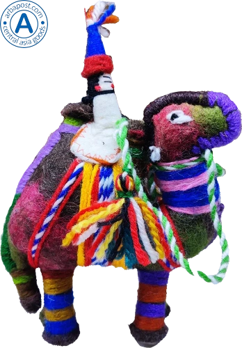 Zhibek Zholy camel with human made of felt, green-red with yellow-blue stripes