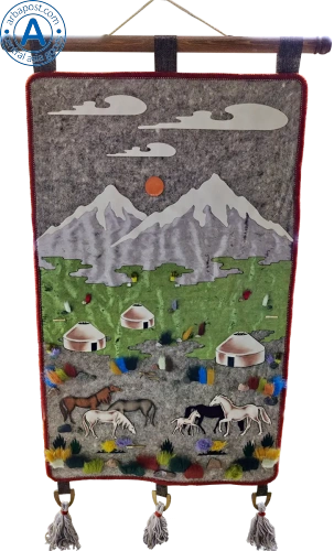 Altyn Adam picture made of felt, silver mountains-horses