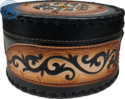 Altyn Adam storage box made of leather, round, black with grey pattern photo 2