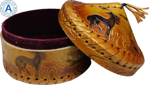Altyn Adam storage box made of leather, round, brown with pattern
