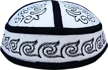 Altyn Adam cap made of velours, short, white with dark blue zhapyrak pattern
