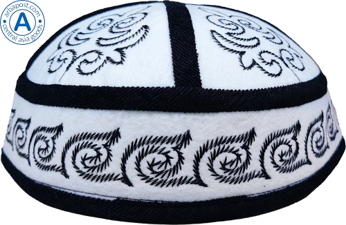 Altyn Adam cap made of velours, short, white with dark blue zhapyrak pattern