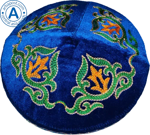 Altyn Adam cap made of velvet, short, blue with orange-green-yellow pattern photo 2