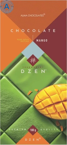 Alma Chocolates white chocolate bar, matcha tea and mango, 100 g