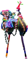 Zhibek Zholy camel with human made of felt, brown with red-yellow-green stripes