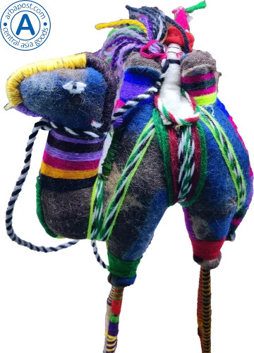 Zhibek Zholy camel with human made of felt, blue with violet-black-orange stripes photo 4