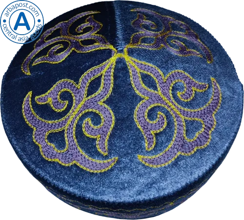 Altyn Adam cap made of velvet, short, dark blue with yellow-violet pattern photo 2