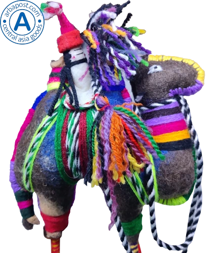 Zhibek Zholy camel with human made of felt, blue with violet-black-orange stripes photo 3