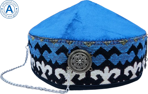 Altyn Adam cap made of velvet, short, blue with round metal pattern photo 2