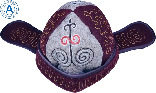 Altyn Adam cap made of felt, brown with black-red koshkar muyiz pattern photo 2