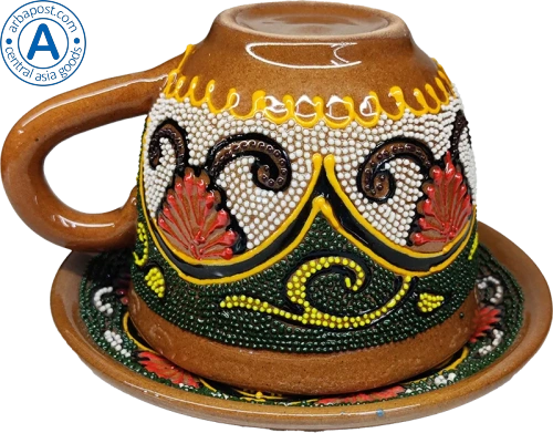 Altyn Adam cup and saucer made of ceramic, green-yellow-white photo 3