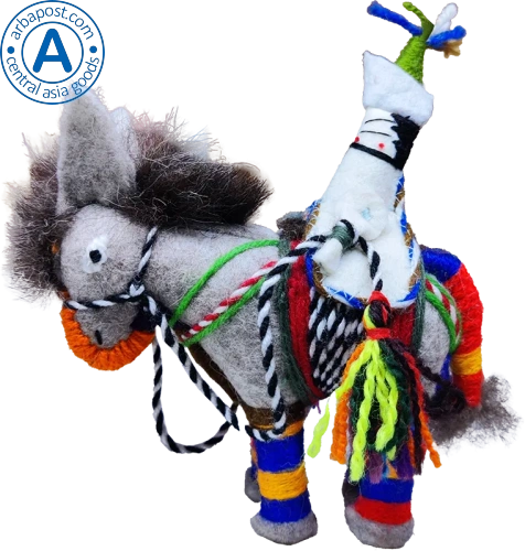 Zhibek Zholy donkey with human made of felt, grey with red-orange-blue stripes photo 2 Zhibek Zholy donkey with human made of felt, grey with red-orange-blue stripes photo 2