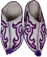 Altyn Adam slippers made of wool, sharp end, white with violet pattern