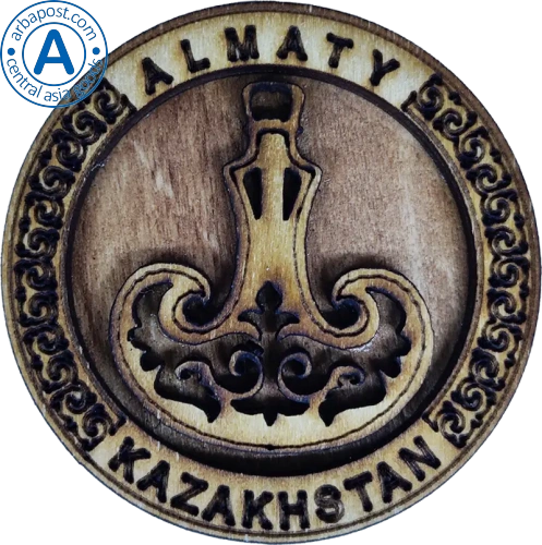 Altyn Adam magnet, Almaty, round, wood, flask