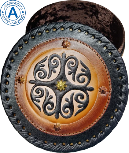 Altyn Adam storage box made of leather, round, black with grey pattern