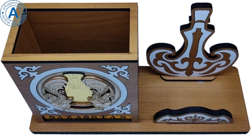 Altyn Adam figure made of wood, coat of arms and flask, brown photo 2