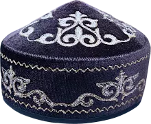 Altyn Adam cap made of velvet, short, brown with white-yellow pattern