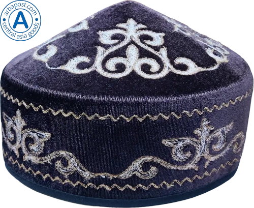 Altyn Adam cap made of velvet, short, brown with white-yellow pattern