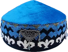 Altyn Adam cap made of velvet, short, blue with triangular metal pattern