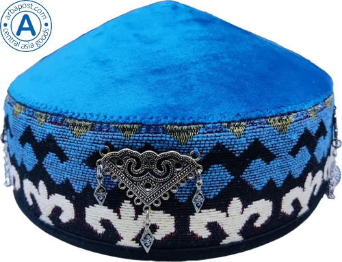 Altyn Adam cap made of velvet, short, blue with triangular metal pattern
