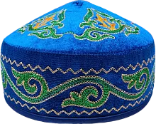 Altyn Adam cap made of velvet, short, blue with orange-green-yellow pattern