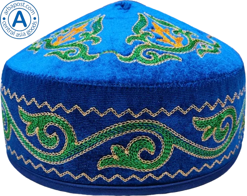 Altyn Adam cap made of velvet, short, blue with orange-green-yellow pattern