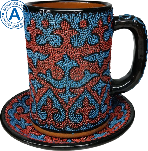 Altyn Adam mug and saucer made of ceramic, red-blue