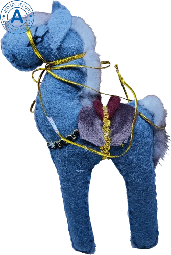 Zhibek Zholy horse made of felt, blue with dark violet saddle