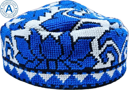 Altyn Adam cap made of combined fabric, short, blue-white pattern