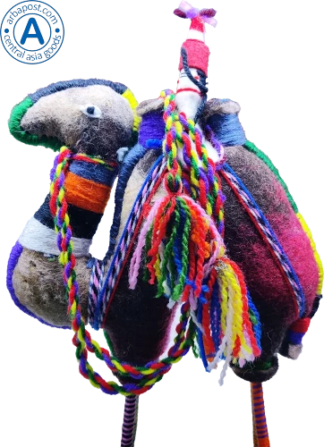 Zhibek Zholy camel with human made of felt, grey-red with black-orange stripes photo 3