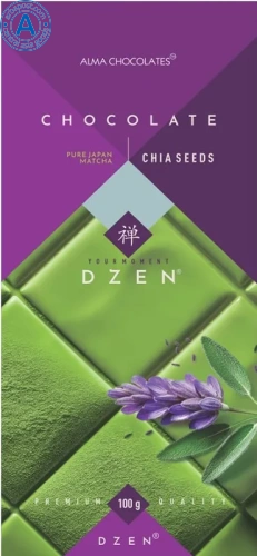 Alma Chocolates white chocolate bar, matcha tea and chia seeds, 100 g