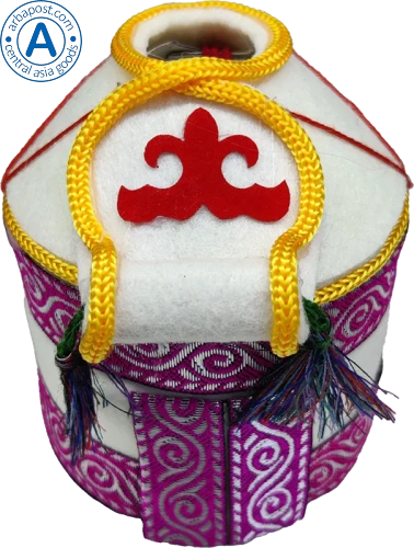Altyn Adam yurt made of felt with gold threads, purple braid and pattern