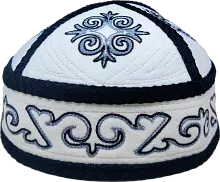 Altyn Adam cap made of velours, short, white with dark blue tortkulak pattern
