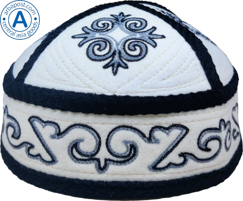 Altyn Adam cap made of velours, short, white with dark blue tortkulak pattern