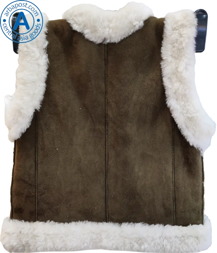 Altyn Adam children's vest made of suede and fur, brown with light-green pattern photo 2