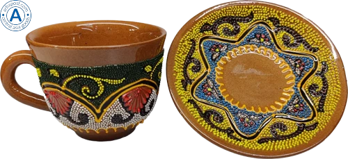 Altyn Adam cup and saucer made of ceramic, green-yellow-white photo 4