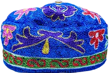 Altyn Adam cap made of combined fabric, short, blue with red-green pattern