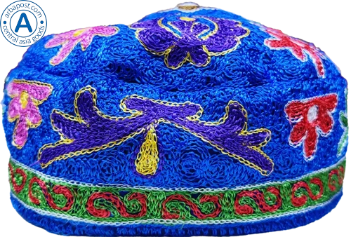 Altyn Adam cap made of combined fabric, short, blue with red-green pattern
