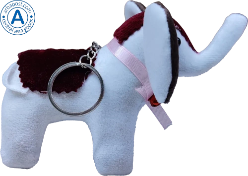 Zhibek Zholy elephant made of velveteen, white-dark red