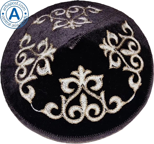 Altyn Adam cap made of velvet, short, brown with white-yellow pattern photo 2