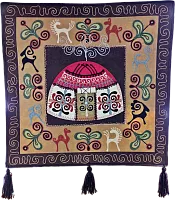 Altyn Adam picture made of felt, yurt on grey background