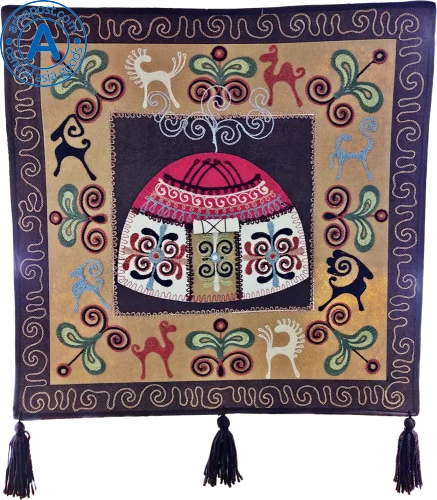 Altyn Adam picture made of felt, yurt on grey background