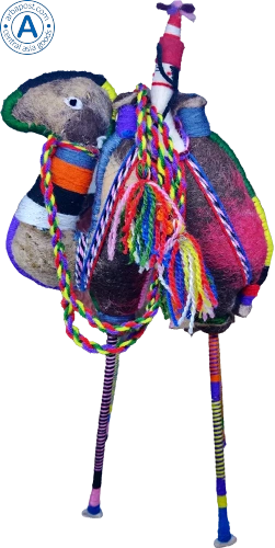 Zhibek Zholy camel with human made of felt, grey-red with black-orange stripes photo 2